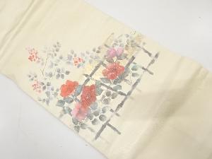 金彩螺鈿　手描き　椿に南天模様　名古屋帯